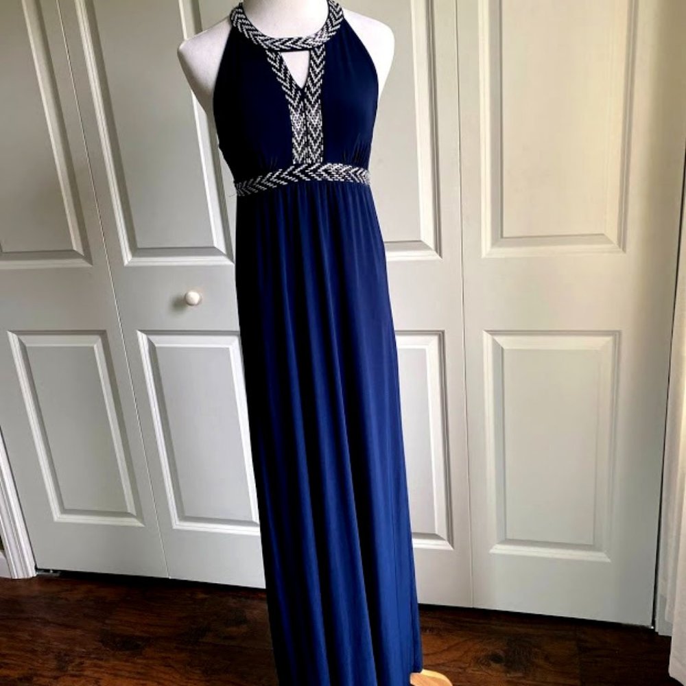 Navy Blue Grecian-Style Halter Floor Length Dress